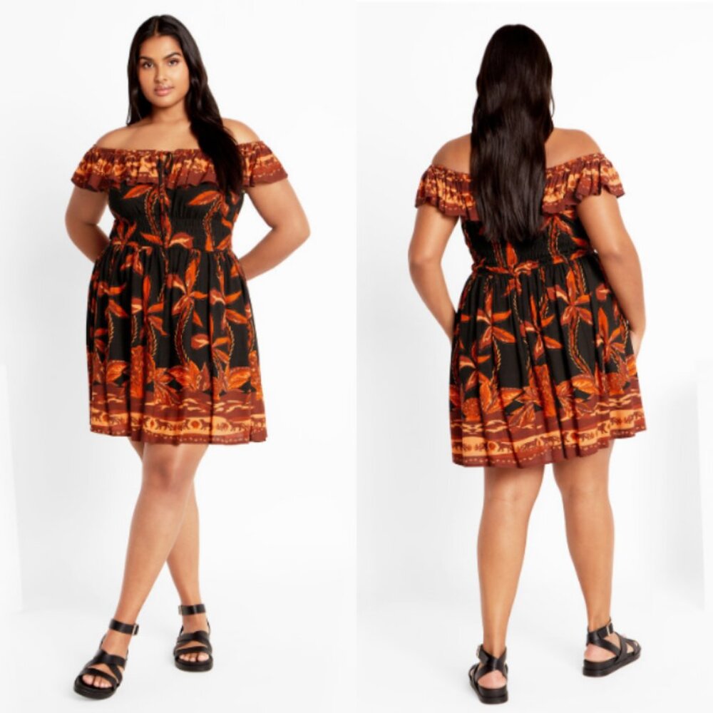 NWT City Chic On Off Shoulder Smocked Waist Tahiti Print Mini Dress 20